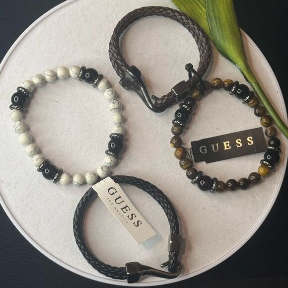 Guess 2 Piece Black Leather & White Marble Stretch Bracelet Unisex - Picture 8 of 8